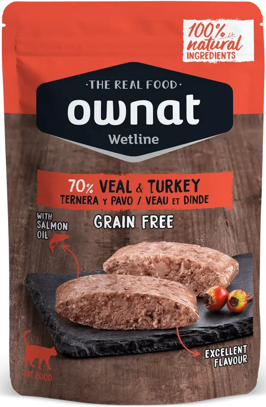 OWNAT Wetline Cat comida húmeda natural para gatos con ternera y pavo