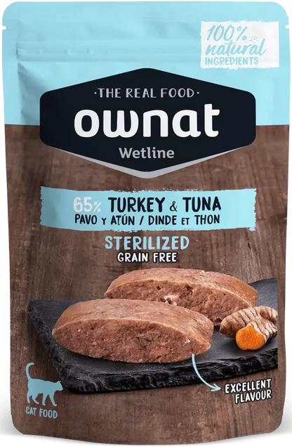 Ownat Wetline Esterilizados – Comida húmeda sin cereales para gatos con pavo y atún