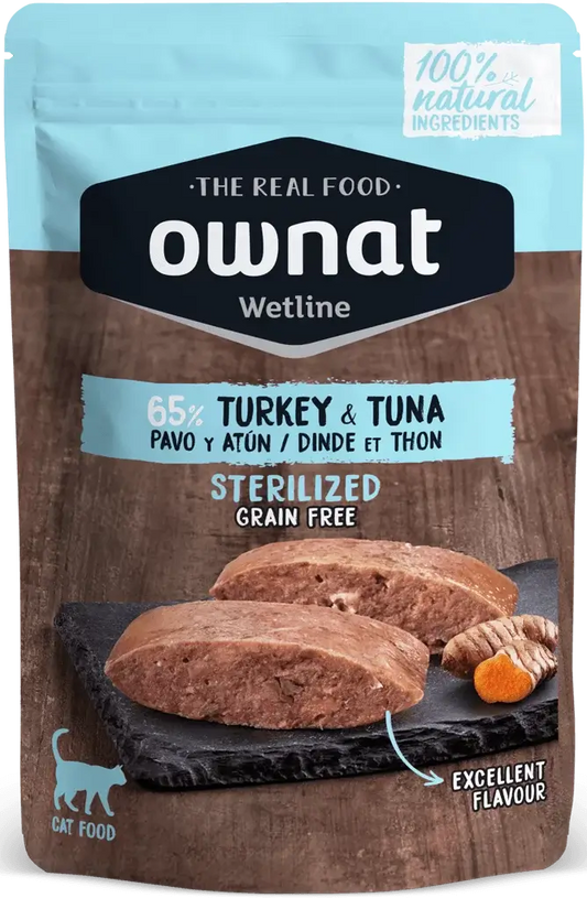 Ownat Wetline Esterilizados – Comida húmeda sin cereales para gatos con pavo y atún