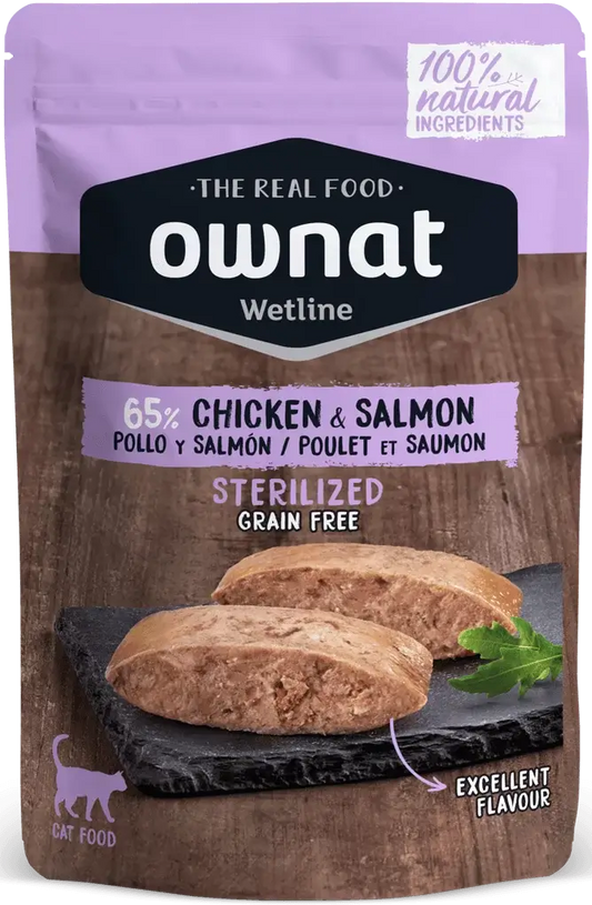 Comida húmeda OWNAT para gatos esterilizados con pollo y salmón