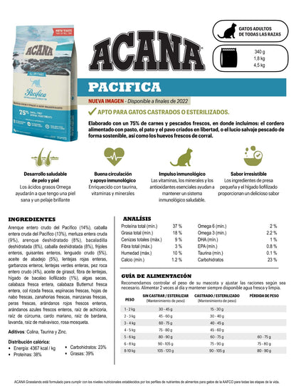 Pienso ACANA CAT PACIFICA (GATOS) Gabo y Gordo E Shop, la mejor tienda online en las Islas Canarias, España, tienda online para mascotas, perros, gatos, conejos, tortugas, animales, accesorios para mascotas en general. 
Gabo y Gordo E Shop in Canary Islands, the best store for pets, dogs, cats, rabbits, turtles, animals, pet accessories.