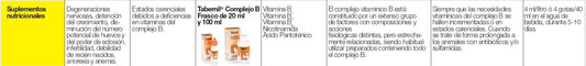 Suplemento vitamínico Tabernil Complejo B para aves ornamentales en frasco de 20 ml