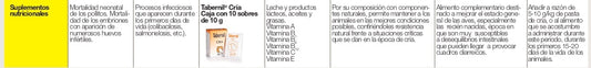 Tabernil Cría en sobres para reforzar la salud intestinal de aves jóvenes.