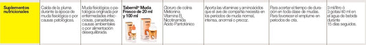 Suplemento Tabernil Muda 20 ml para fortalecer el plumaje durante la muda en aves ornamentales