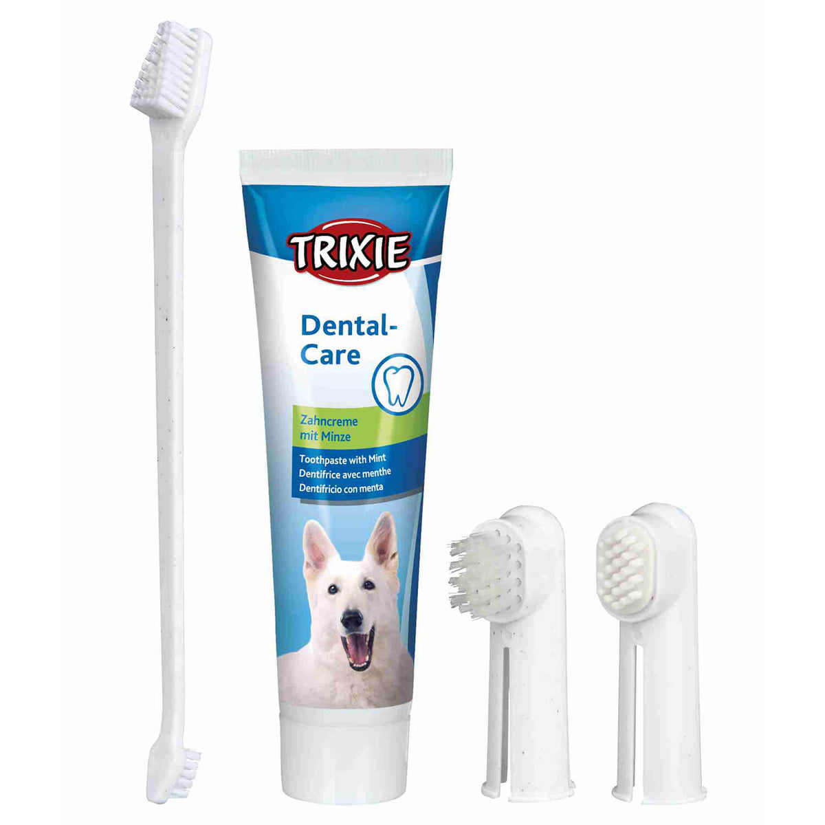 TRIXIE Set de Higiene Dental para perros con pasta de dientes de 100 g, cepillo de dedo, masajeador y cepillo dental doble